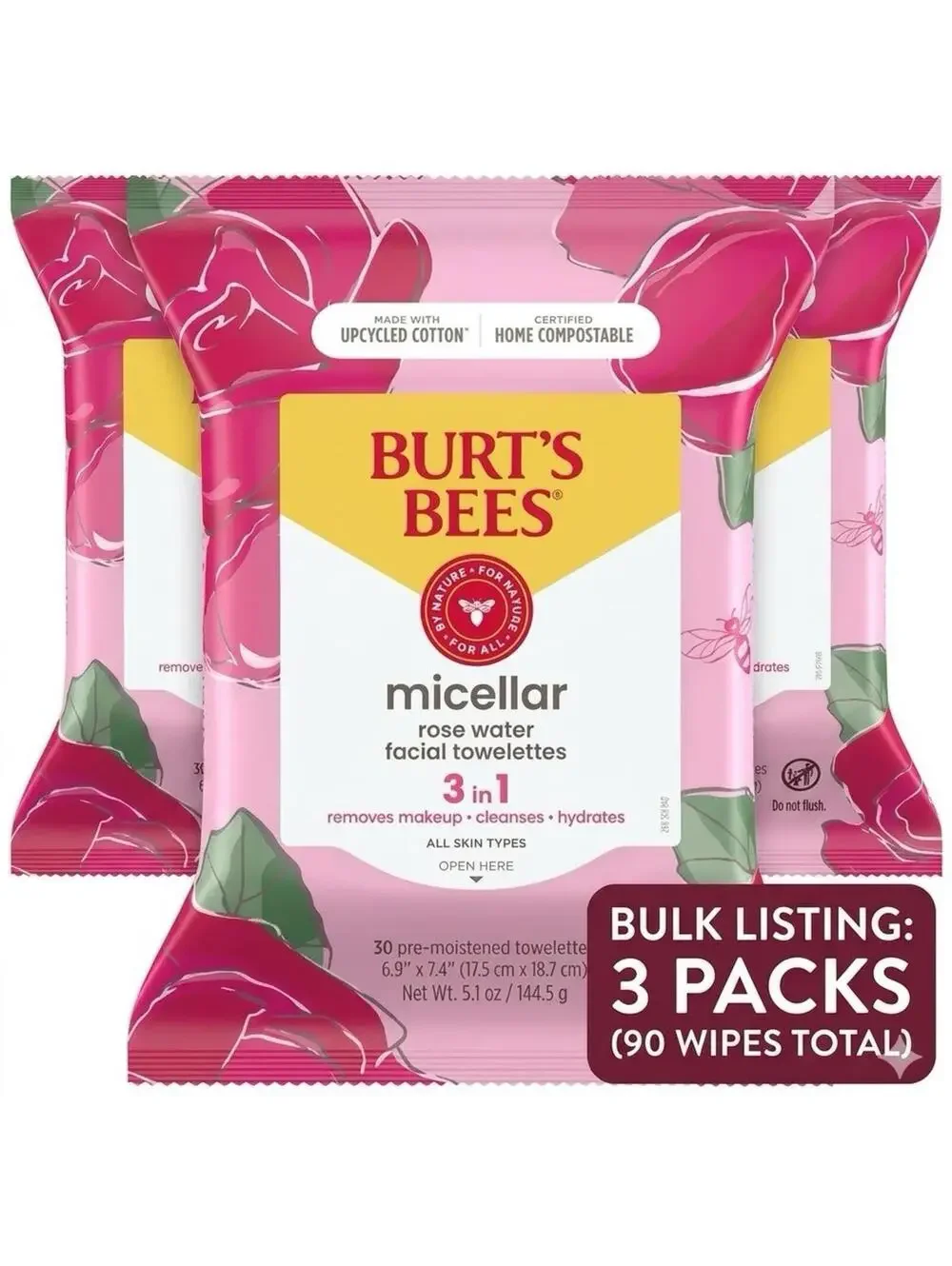 (RB) 3-Pack Burt’s Bees 3-In-1 Micellar Rose Water 30 Pre-Moistened Towelettes